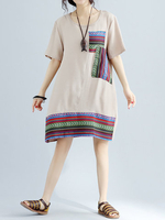 Vintage Patchwork Chiffon O-Neck Short Sleeve Women Dresses