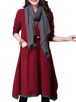 Vintage Patchwork Long Sleeve Pocket Midi Dress