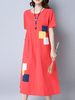 Vintage Patchwork Short Sleeve Pocket Women Mid-Long Dresses