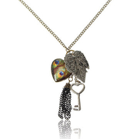 Vintage Peacock Feather Heart Leaf Key Tassel Necklace
