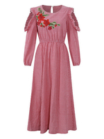 Vintage Plaid Embroidery Long Sleeve Women Dresses