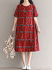 Vintage Plaid Loose O-Neck Short Sleeve Mid-Calf Women Dresses