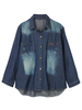 Vintage Pockets Button High Low Frayed Denim Blouse For Women