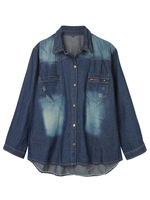 Vintage Pockets Button High Low Frayed Denim Blouse For Women