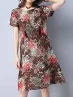 Vintage Print Frog Button O Neck Short Sleeve Women Dresses