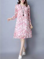 Vintage Print Long Sleeve O Neck Women A Line Dresses