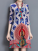 Vintage Print Loose 3/4 Sleeve V Neck Women Dresses