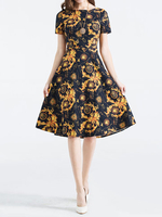 Vintage Print Loose Hem Short Sleeve O Neck Women Dresses