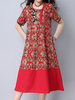 Vintage Print Patchwork Loose Short Sleeve O-neck Dress For Women