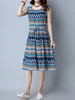 Vintage Print Sleeveless O-neck Drawstring Dress For Women