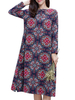 Vintage Printed Button O-Neck Long Sleeve Straight Dress For Women