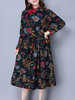 Vintage Printed Long Sleeve Stand Collar Pocket Dresses For Women