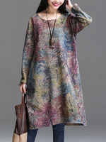 Vintage Printed O-Neck Long Sleeve Pocket Dress For Women