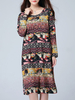 Vintage Printed O-Neck Long Sleeve Side Split Party Dress For Women