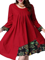 Vintage Printed Patchwork Ethnic A-Line Long Sleeve Dress