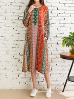Vintage Printed Patchwork Long Sleeve Plate Buckles Pocket Dresses