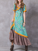 Vintage Printed Patchwork Plate Buckle V-Neck Long Maxi Dressses