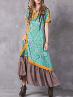Vintage Printed Patchwork Plate Buckle V-Neck Long Maxi Dressses