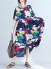 Vintage Printed Short Sleeve High Waist Loose O-neck Dresses