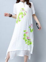 Vintage Printed Short Sleeve Stand Collar Mid-Long Women Dresses