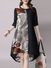 Vintage Printing Round Neck Asymmetrical Hem Dress For Women
