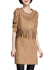 Vintage Pure Color Rivets Tassels Patchwork Long Sleeve Mini Dress For Women