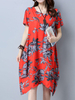 Vintage Short Sleeve Floral Printed Irregular Hem Women Dresses