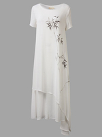 Vintage Short Sleeve Printed Irregular Hem Women Dress