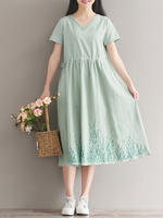 Vintage Short Sleeve V-Neck Printed Drawstring Mid-Long Dresses