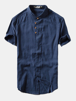 Vintage Short Sleeves Chinese Style Thin Solid Color Soft Casual Button Up Dress Shirts for Men