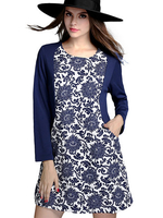 Vintage Slim Flower Print Long Sleeve Round Neck Skater Mini Dress
