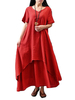Vintage Solid Button Layer Pleated High Low Maxi Dress For Women