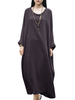 Vintage Solid Loose Soft Batwing Long Sleeve V Neck Women Robe Dress