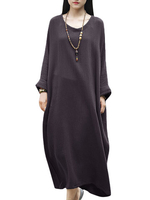 Vintage Solid Loose Soft Batwing Long Sleeve V Neck Women Robe Dress