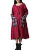 Vintage Solid Loose Stripe Pocket Patchwork Long Sleeve Women Dress