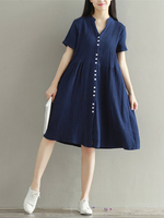 Vintage Split Short Sleeve Women Loose Buttons Dresses