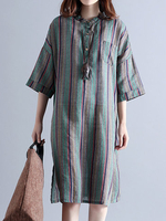 Vintage Stripe 3/4 Sleeve Stand Collar Women Dresses