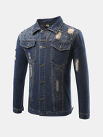 Vintage Style Break Holes Shoulder Rivets Double Pockets Denim Jacket For Men