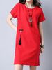 Vintage Tassels Patchwork Side Slit Short Sleeve Women Dresses
