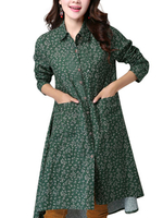 Vintage Women Lapel Long Sleeve Button Floral Print Irregular Dress
