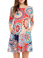 Vintage Women 3/4 Sleeve O-Neck Floral Print Dresses