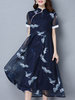 Vintage Women Cranes Printed Short Sleeve High Waist Dresses