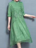 Vintage Women Embroidered Back Zipper Stand Collar Dresses