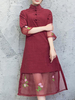 Vintage Women Embroidered Half Sleeve Patchwork Plate Buckle Dresses