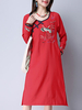 Vintage Women Embroidered Long Sleeve Side Split Pocket Dresses