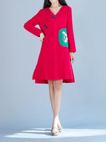 Vintage Women Embroidered Long Sleeve V-neck Plate Buckle Dresses