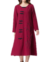 Vintage Women Embroidered Plate Buckles Long Sleeve Dresses