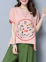 Vintage Women Embroidered Short Sleeve Irregular Hem T-shirts