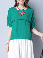 Vintage Women Embroidered Short Sleeve O-neck T-shirts