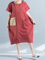 Vintage Women Embroidered Short Sleeve Pocket Loose Dresses